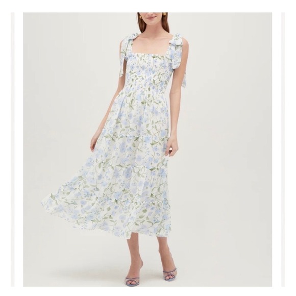 Hill House Home The Nap Dress Floral Smocked Midi Blue White Square Neck Small - Picture 2 of 14